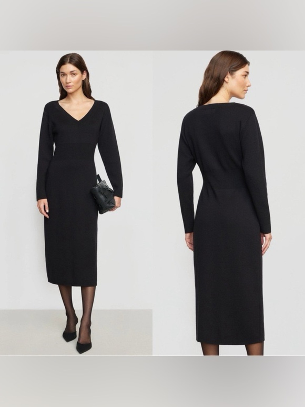 Modern Citizen Bora V-neck Black Sweater Dress Midi Knit Long Sleeve Size Large